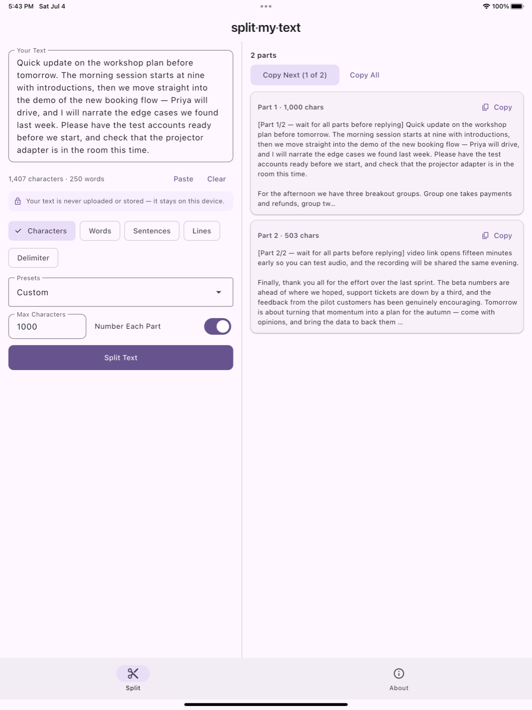 SplitMyText on iPad in a two-pane layout: your text on the left, the numbered parts on the right.